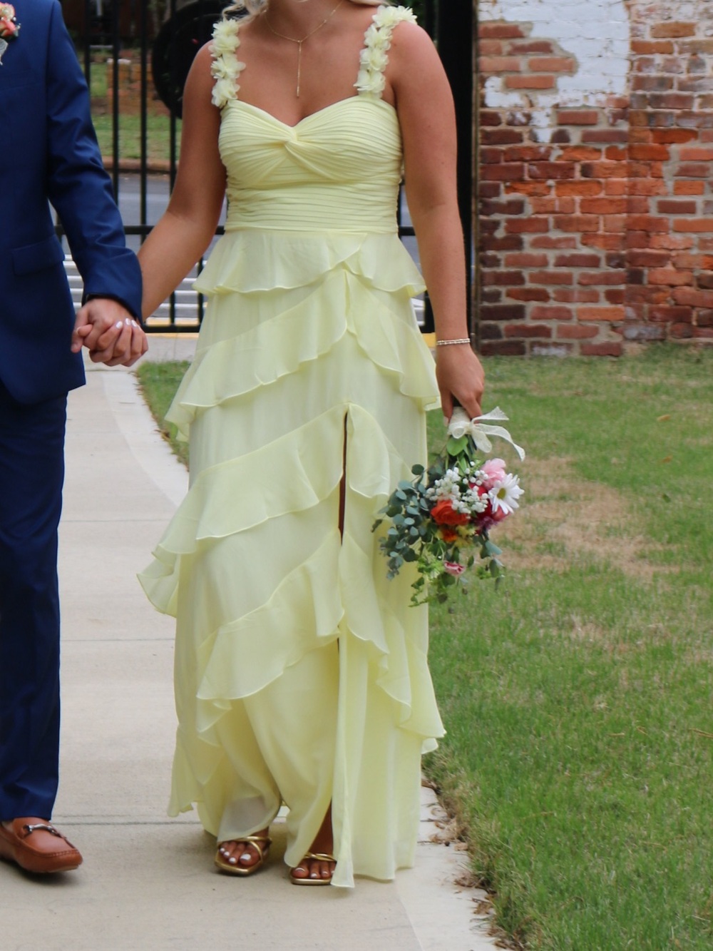 Pale Yellow Ruffled Maxi Dress with Floral Straps